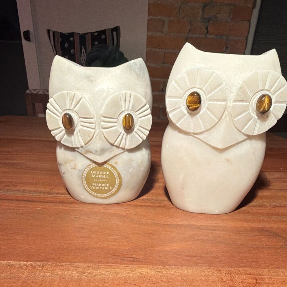 Marble Owl Figurine Pair, Bird Figurines, Made in India, Approx. 5-7” Bookends